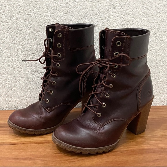 TIMBERLAND A18Z6 Glancy Burgundy Leather Lace-up Heeled Boots Size 7.5 - Picture 2 of 16